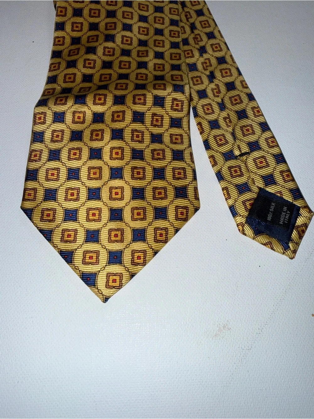 Jos. A. Bank Yellow Geometric Silk Tie with Blue and Brown Accents